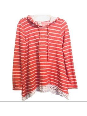 Self Esteem Womens Striped Top Long Sleeves Hoodie Lace Layered Casual Size M